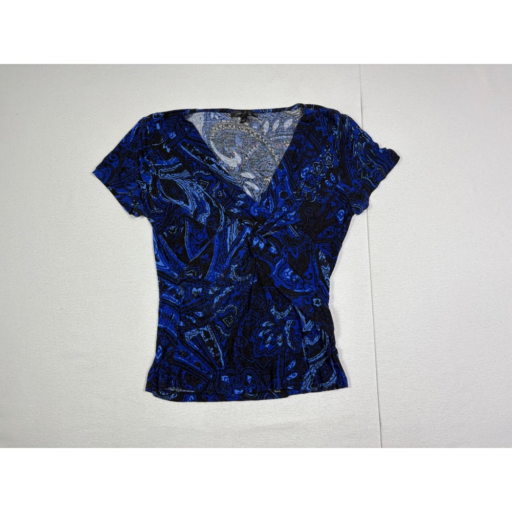 Cable & Gauge Womens Large Blue Paisley Twist Front V-Neck Short Sleeve Top